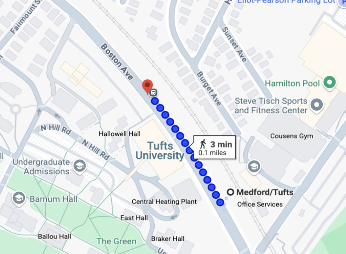 Map
      showing distance from bus stop to train station.